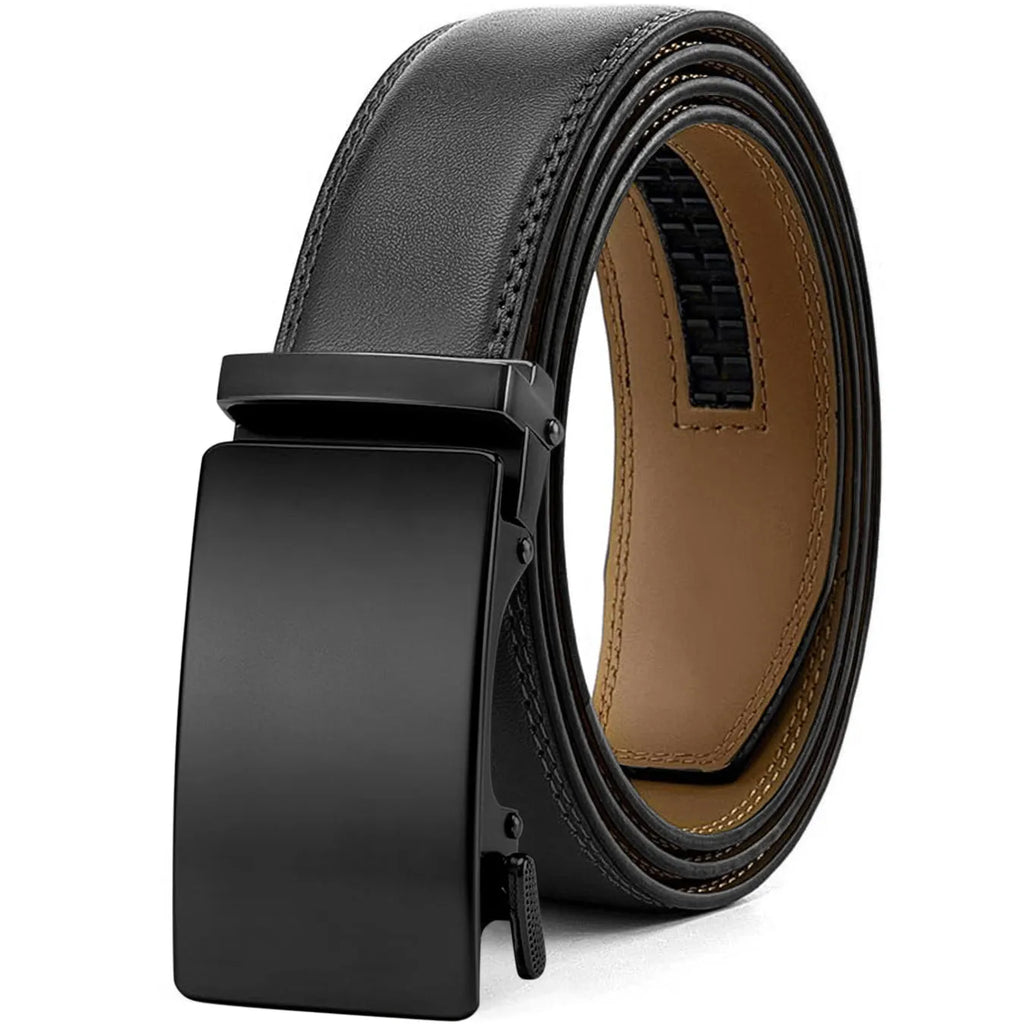 Men's embossed PU leather belt with an automatic alloy buckle in a neutral colour.