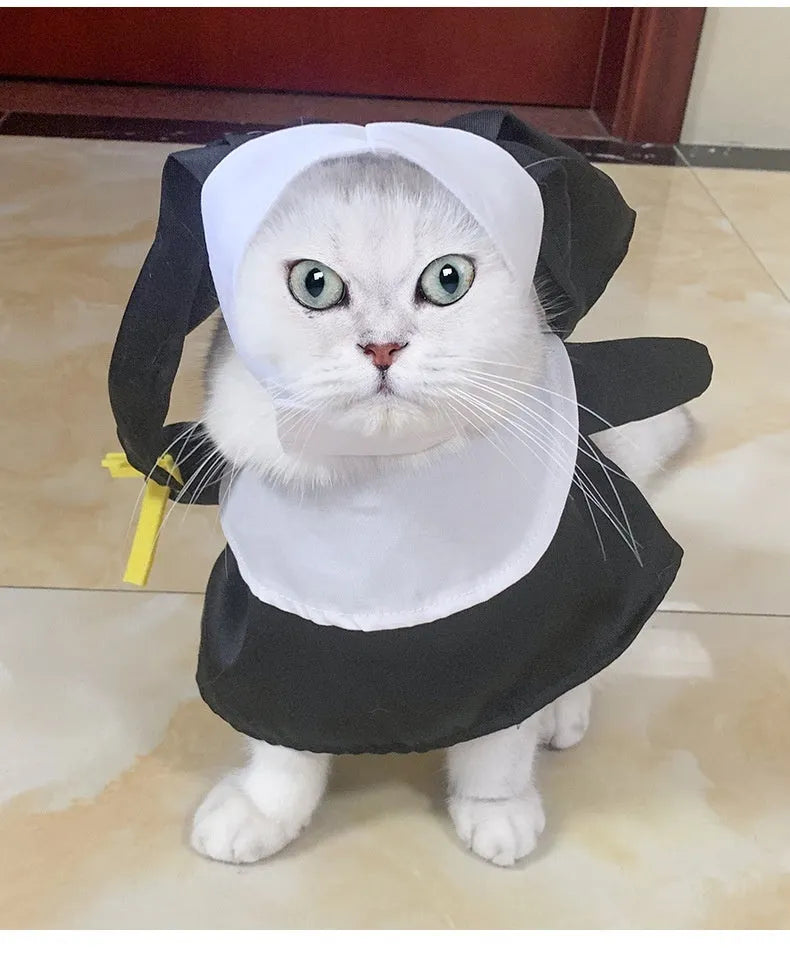 Black polyester nun costume for pets on dog or cat for Halloween dressing