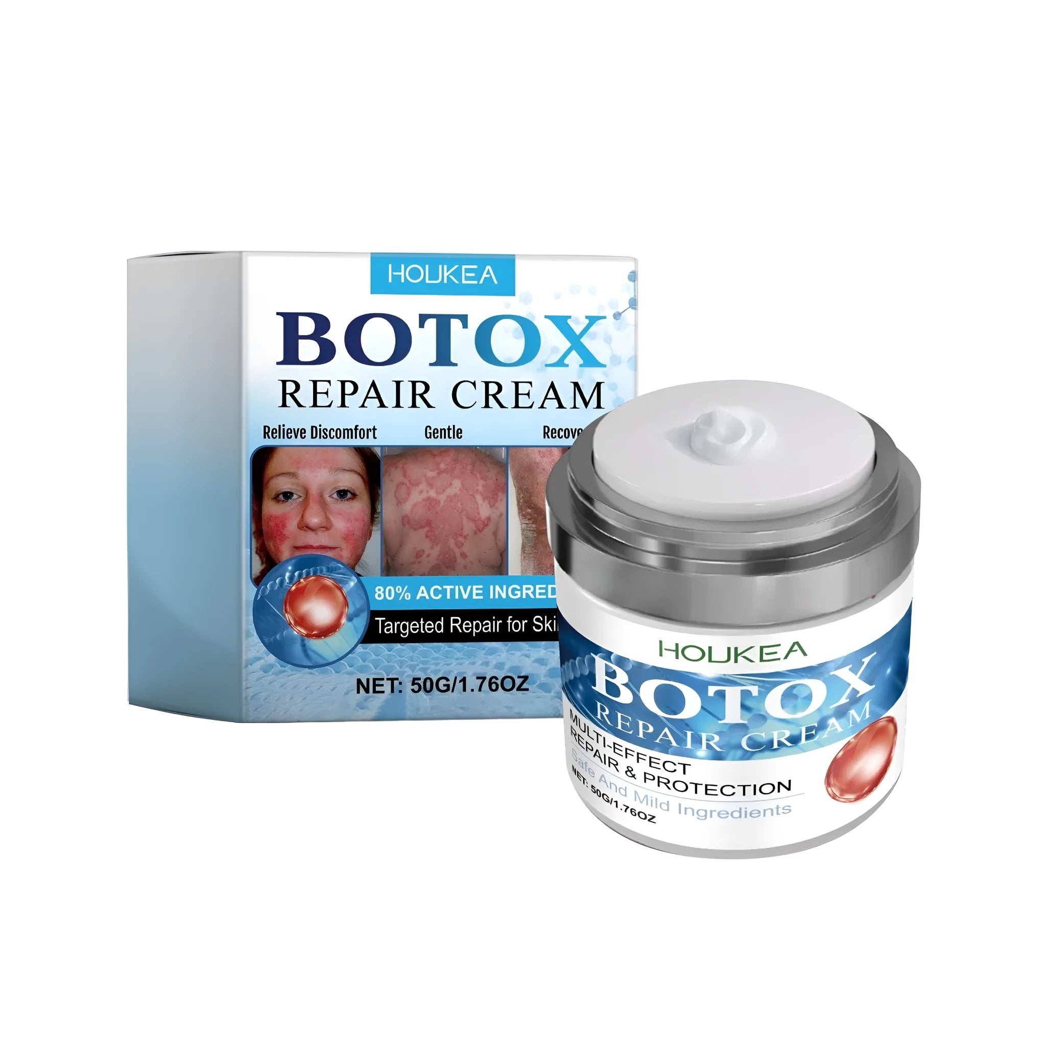 Multi Effect Skin Repair Cream 50g tub with mint leaves allantoin and Botox ingredients on white background