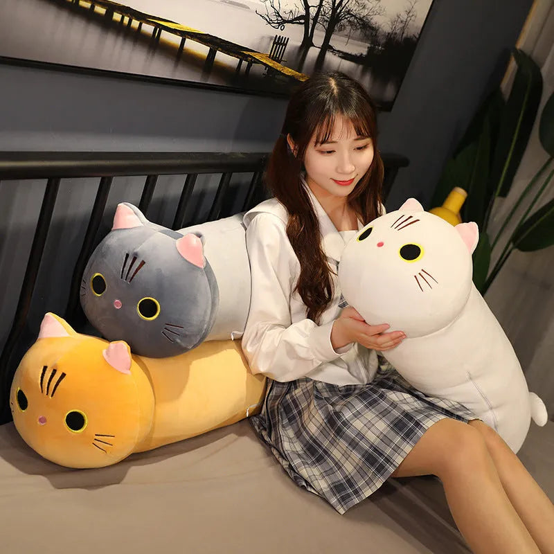 Large grey cartoon cat plush toy stuffed doll shown on a white background.