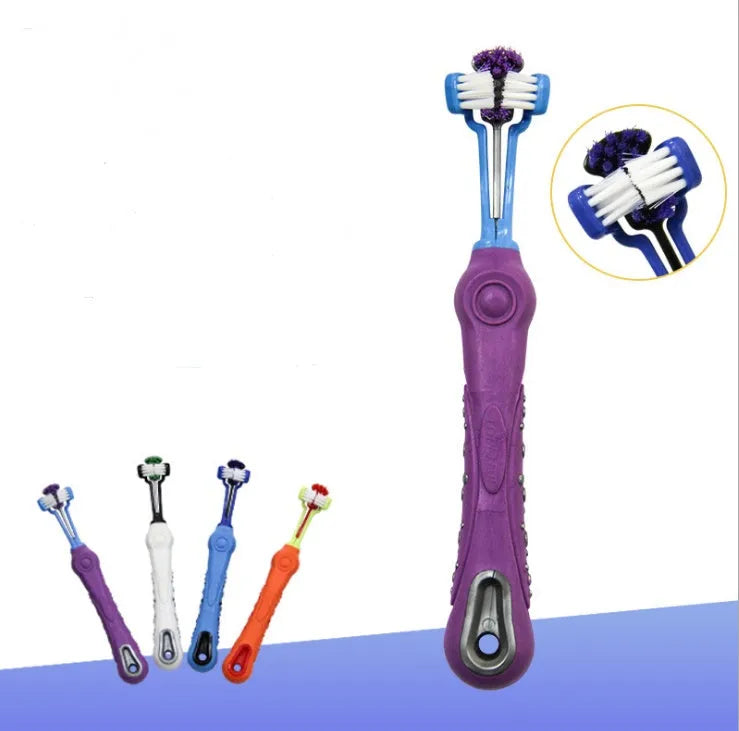 Three sided pet toothbrush with PP TPR handle and nylon bristles in green colour on white background
