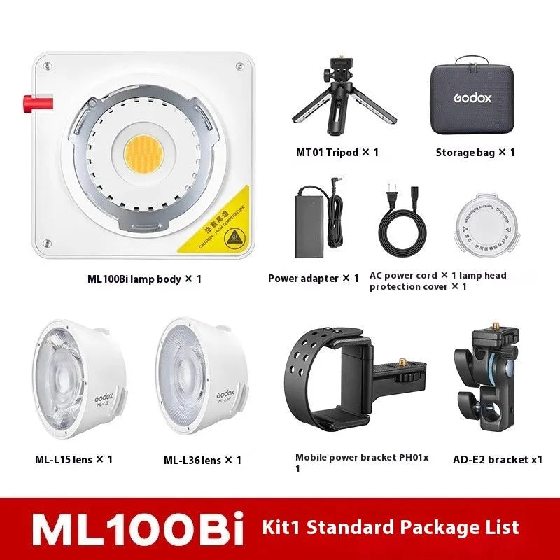 shenniu ML100Bi continuous LED video light with lenses and accessories on a table