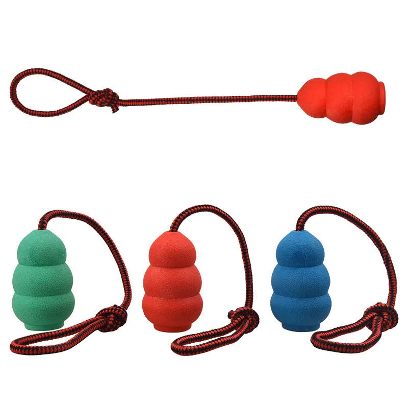 Rubber rope hoist pet toy with ball and rope in mixed colour hair, shown in 9cm small and 12cm large sizes