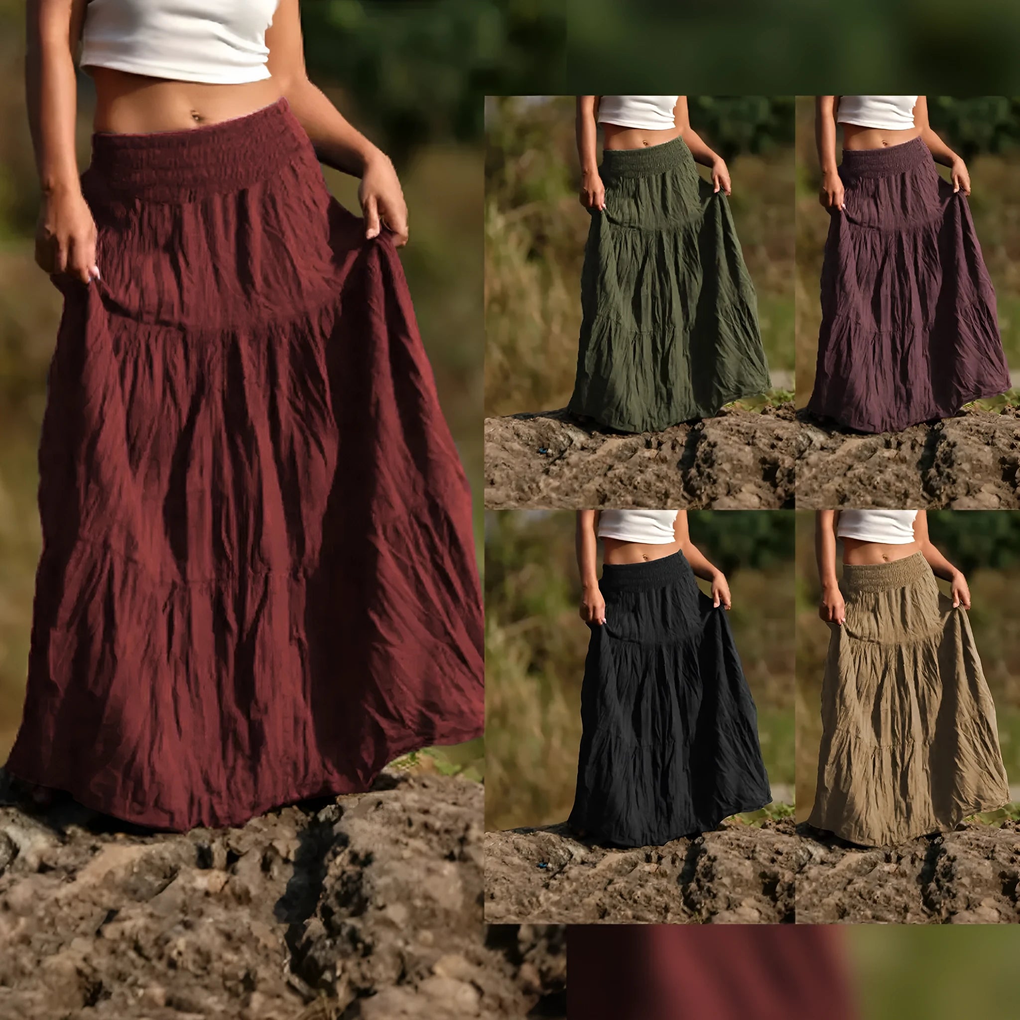 Women's mid-length waist smocking retro viscose patchwork skirt with folding detail