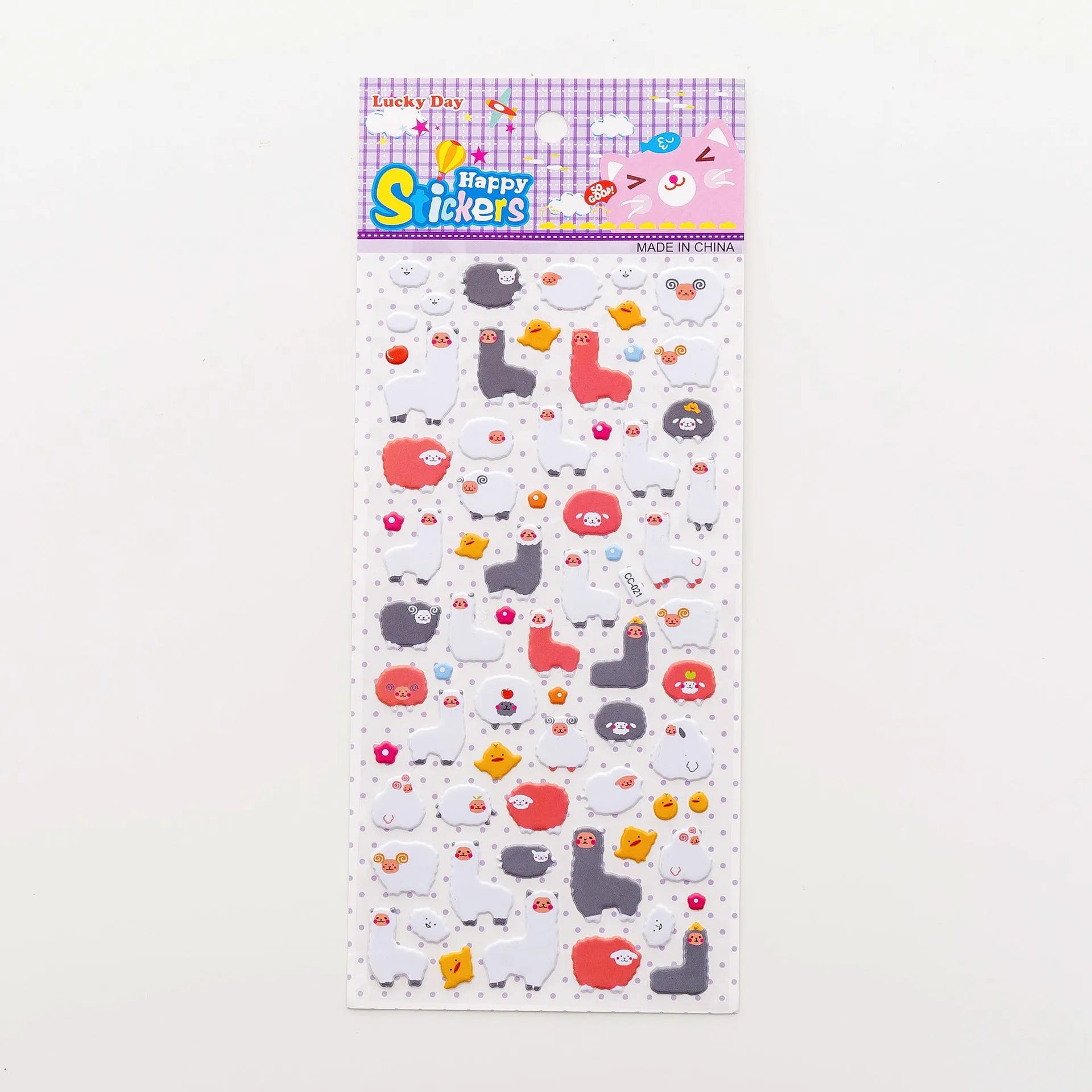 Sheet of cartoon-themed three-dimensional bubble stickers with raised surfaces on various designs like an alpaca, dinosaur, and bow tie cat.