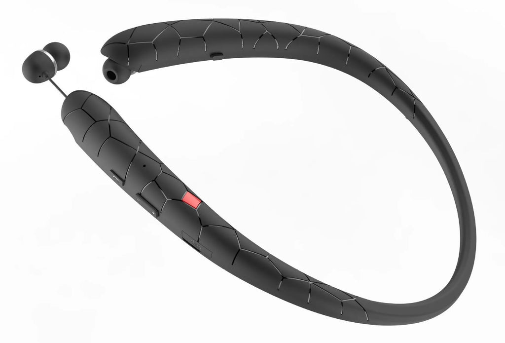 Bluetooth neckband headphones in black with retractable wires, 10mm driver, and CVC6.0 noise cancellation for sports
