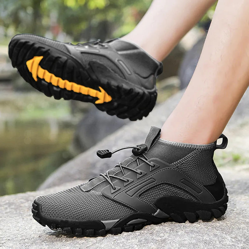 Men's mid-top breathable non-slip hiking shoes with fly weaving upper and rubber outsole in black, grey, or blue