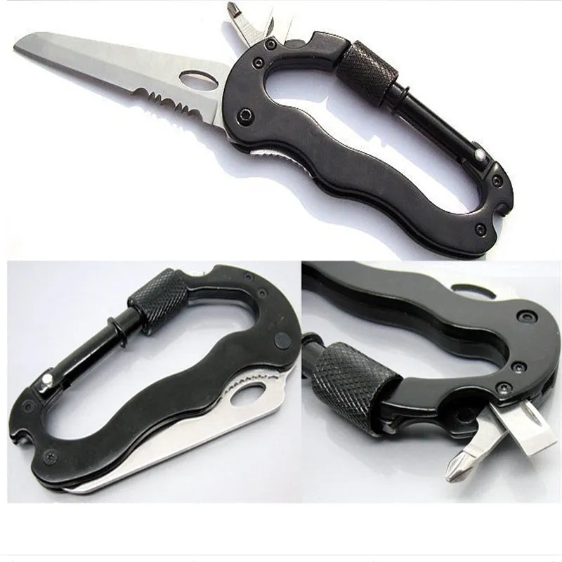 Black multifunctional carabiner hanging buckle with folding knife, 420J2 steel blade, aluminium alloy shell, folded size 10.5cm