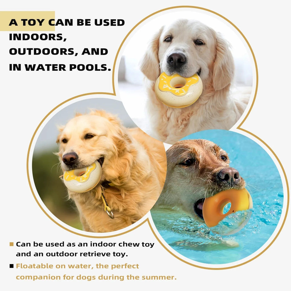 Pink, yellow, and chocolate ball coloured donut dog toy for molar teeth cleaning with sound feature.