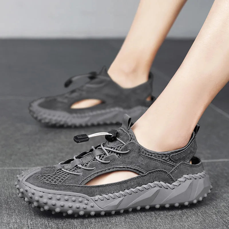 Men's black leather mesh waterproof sports sandals with a rubber sole and elastic band.