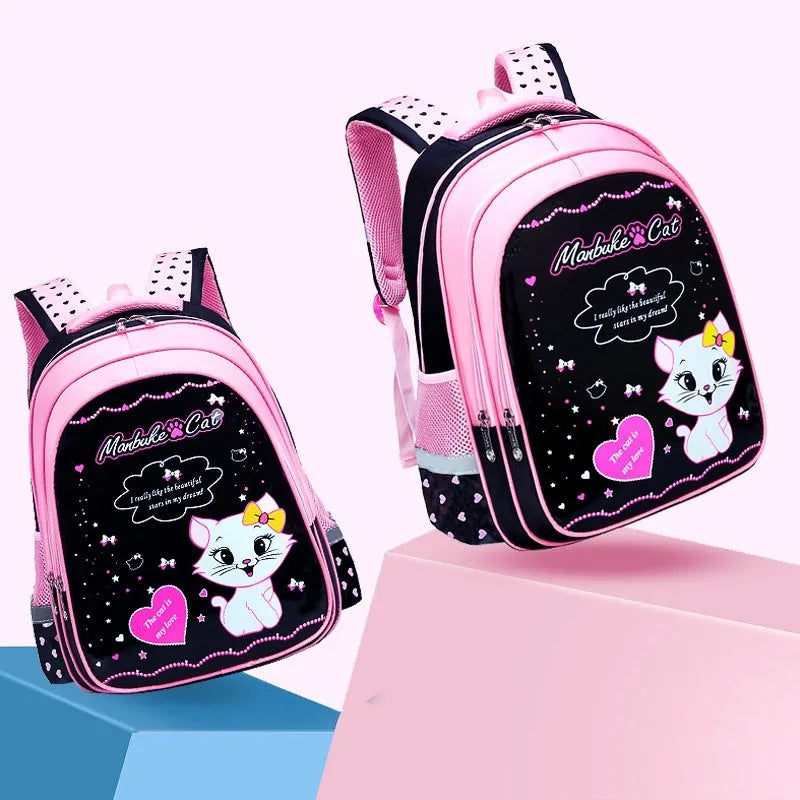 Kids school cute cat print nylon backpack with zipper opening and load-reducing design, available in large and small sizes