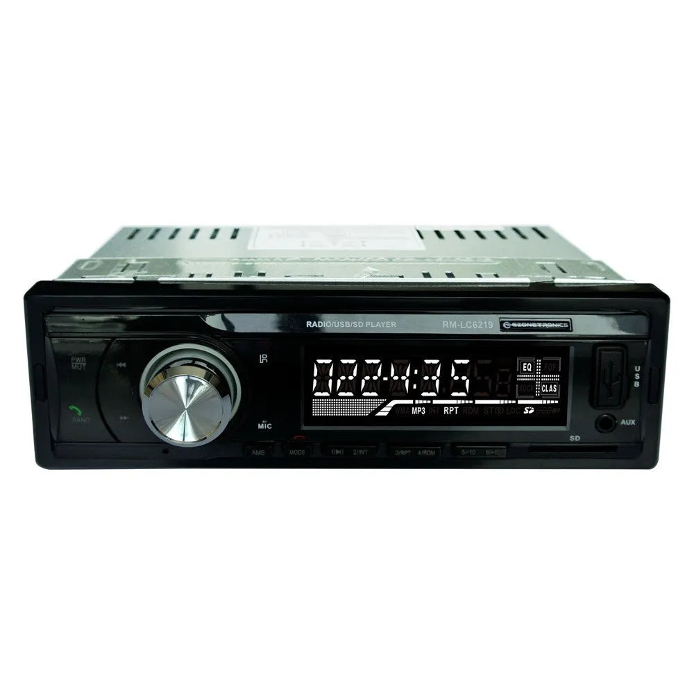 Car stereo receiver with Bluetooth, USB port, SD card slot, and display screen