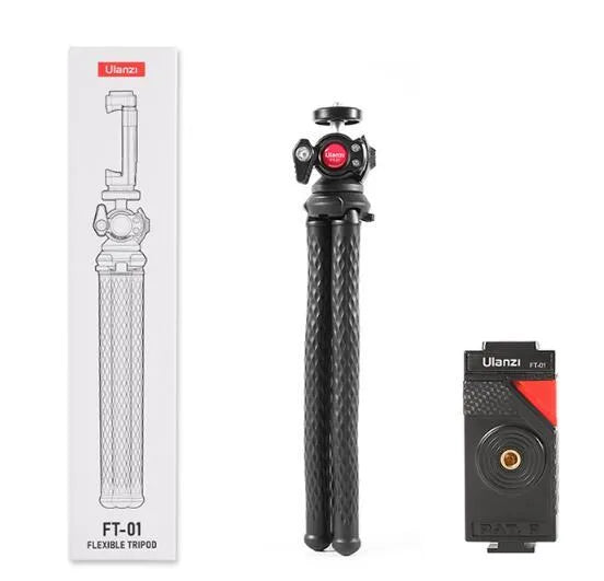 Black octopus leg mobile phone tripod set with clip, FT-01 model, aluminium alloy construction