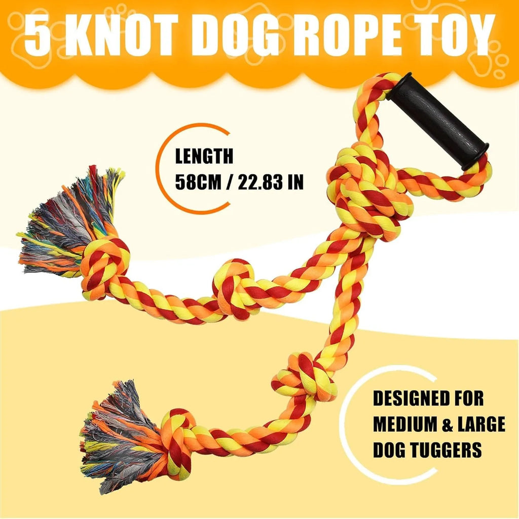 Blue and yellow heavy-duty cotton dog rope toy with a large handle for tug of war.