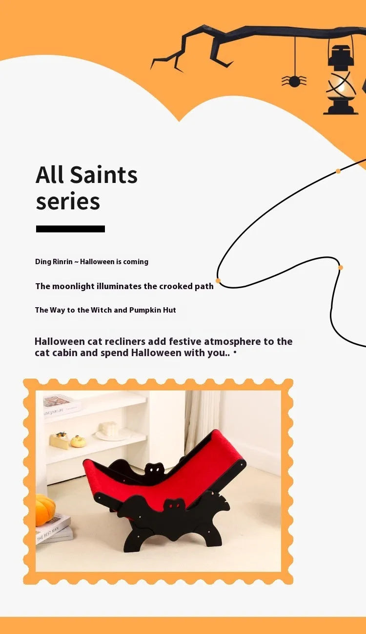 Black and red Halloween bat-themed wooden cat recliner bed with cage design and included lounge chair.