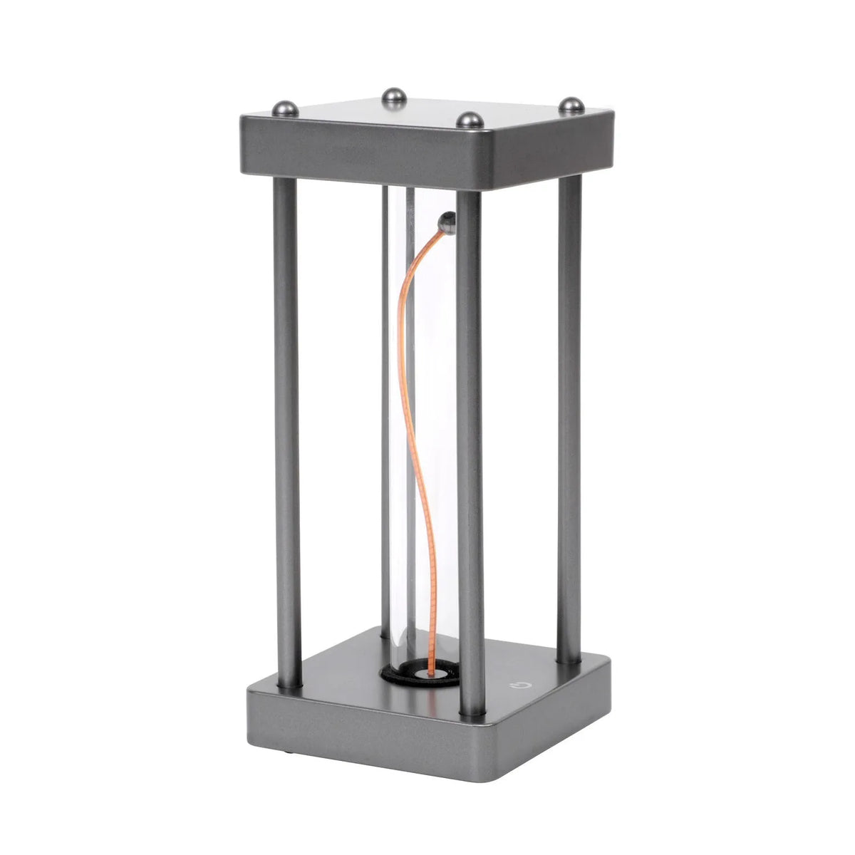 Metallic gray acrylic square night lamp with curved wire on a desk