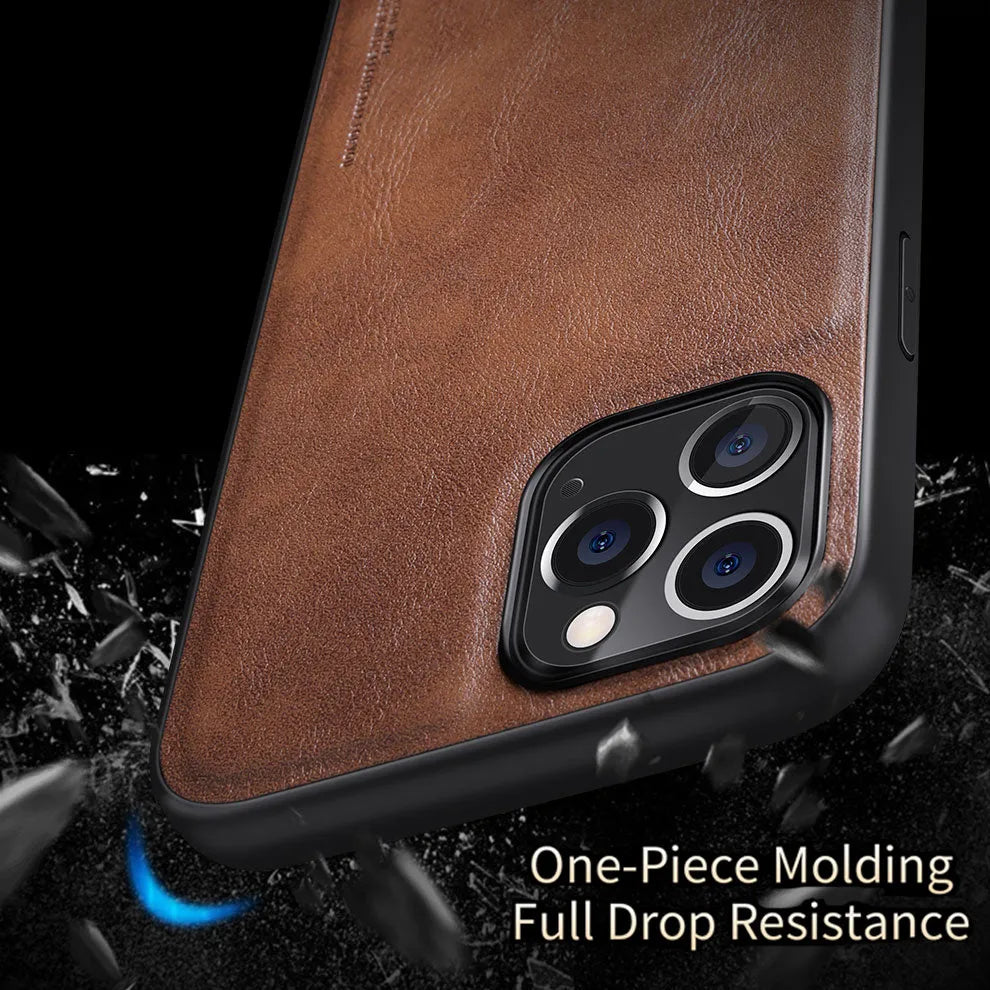 Black retro-style PU leather business phone case for iPhone 12 with visible TPU frame and lanyard holes