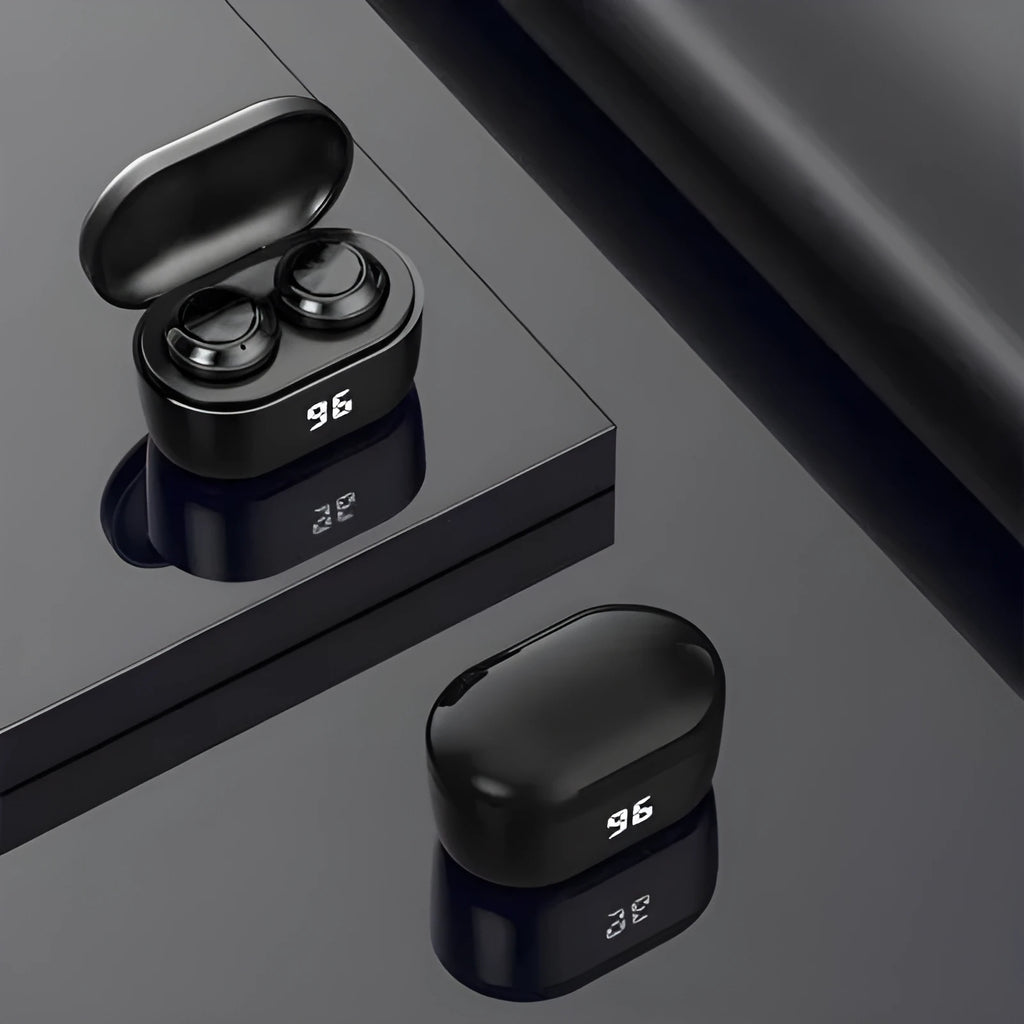 Black in-ear stereo Bluetooth wireless headset with silicone ear tips displayed on a dark background.