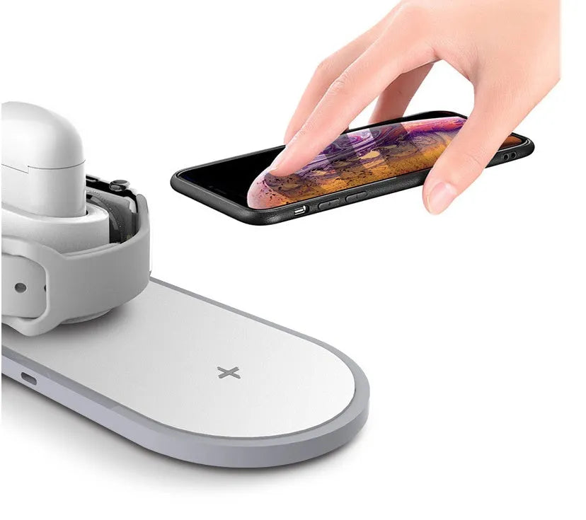 White three-in-one wireless charger for phone and watch with Type-C port and LED indication