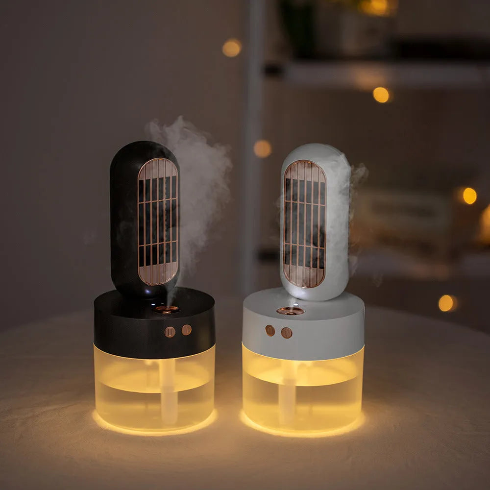 Small black and white humidifier fan with oscillation feature and USB-C charging port