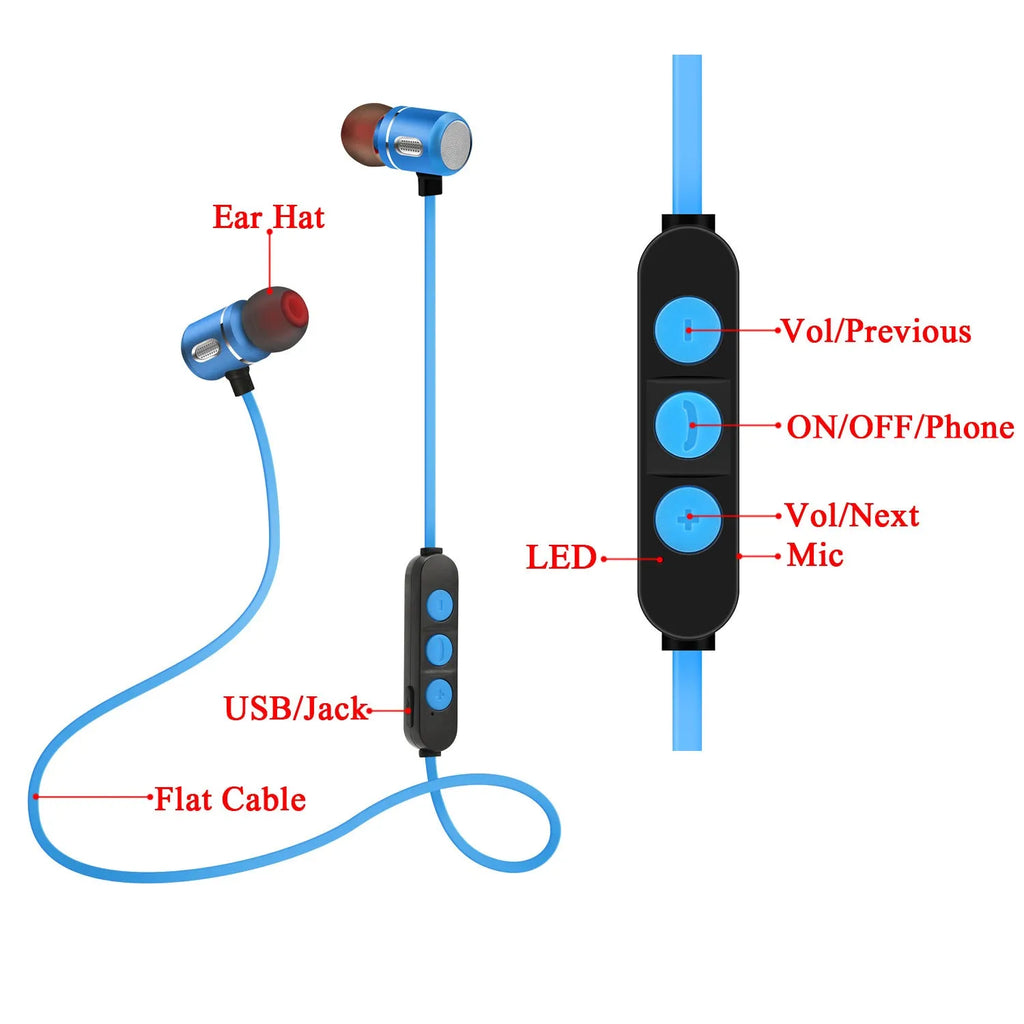 AX-09 magnetic sports Bluetooth headset in blue with ear caps and USB cable