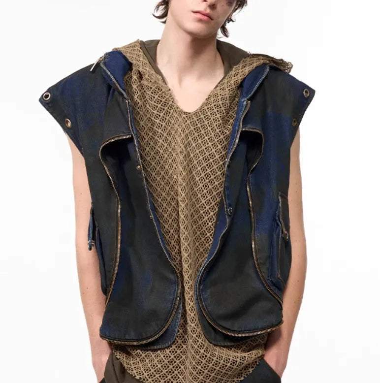 Blue hooded denim vest coat and matching trousers set in heavy industry style