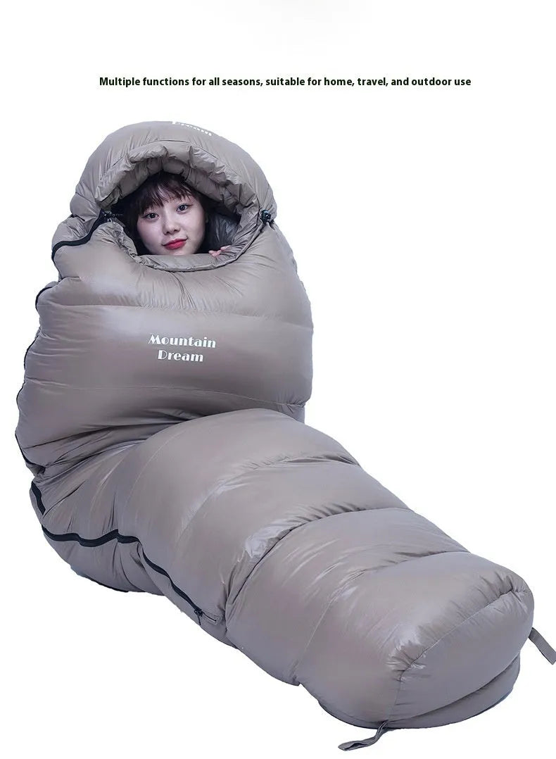 Ultralight mummy sleeping bag in army green colour with white duck down filler and water-repellent nylon fabric.