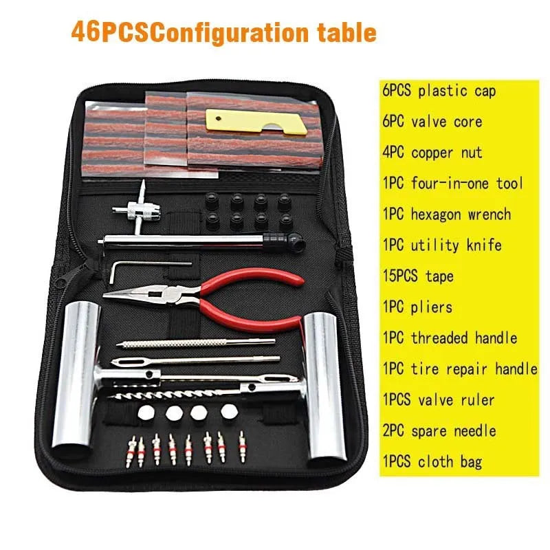Quick first aid cloth bag tire repair kit with 45 steel tools for emergency roadside use
