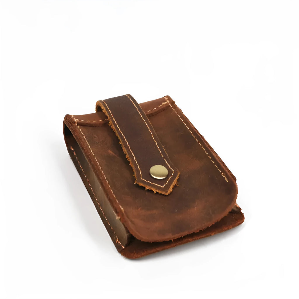 Crazy horse leather key case 7cm by 11.5cm in dark brown colour lying flat
