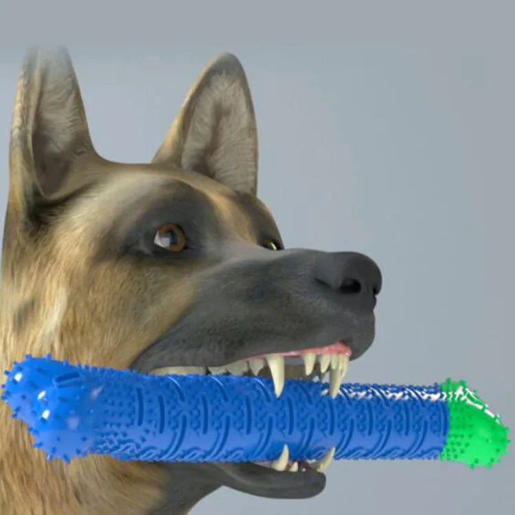 Blue and green silicone dog dental chew toy with serrated brush head and massage nodules.