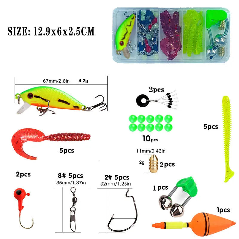 Children's beginner fishing rod kit with a blue pole and matching reel on a green background.
