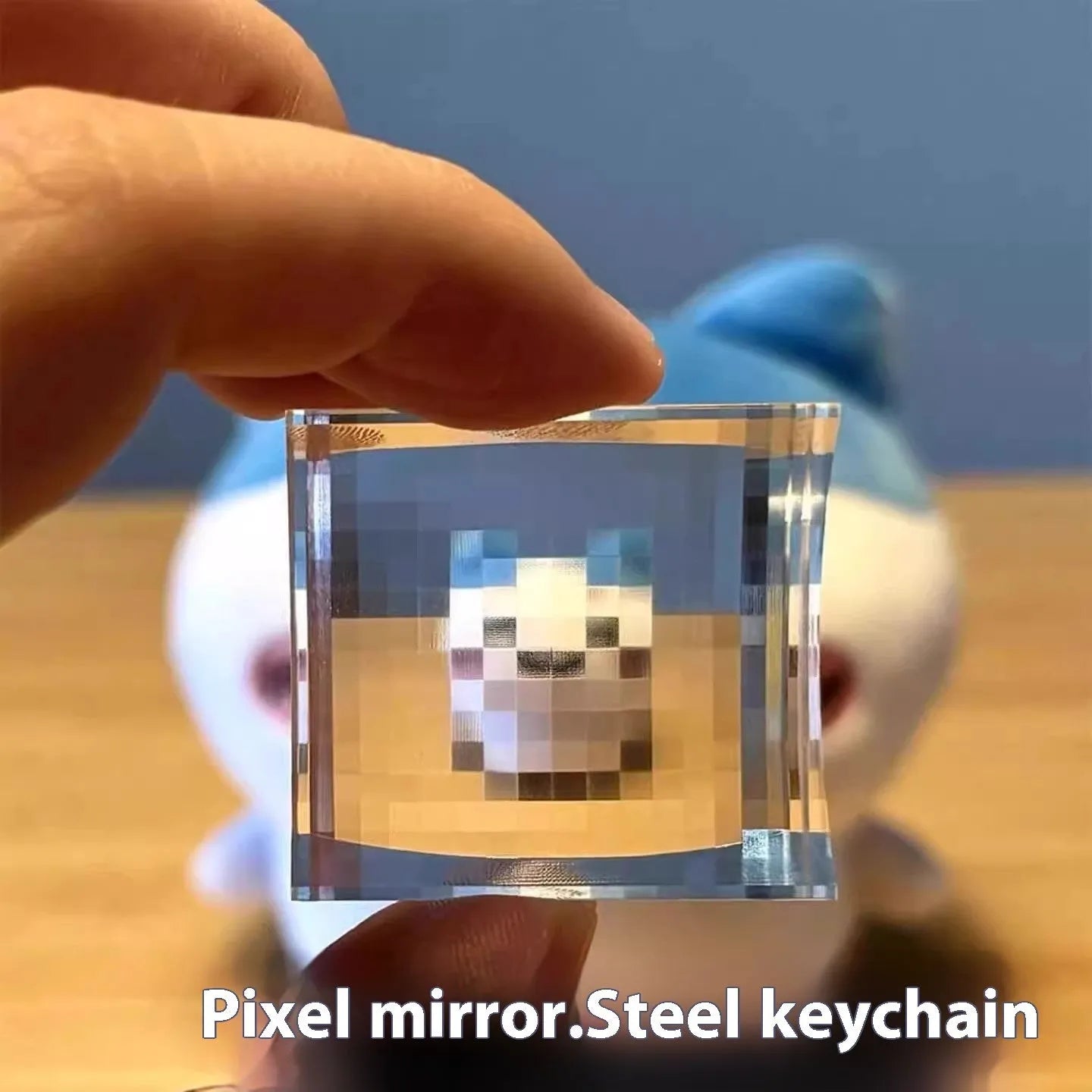 Acrylic pixel stone mosaic keychain in cartoon style showing black, pink and blue colour options