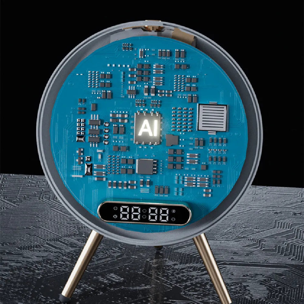 Multi-function LED mirror alarm clock with wireless charger and Bluetooth speaker in white, showing clock display and acrylic mirror surface