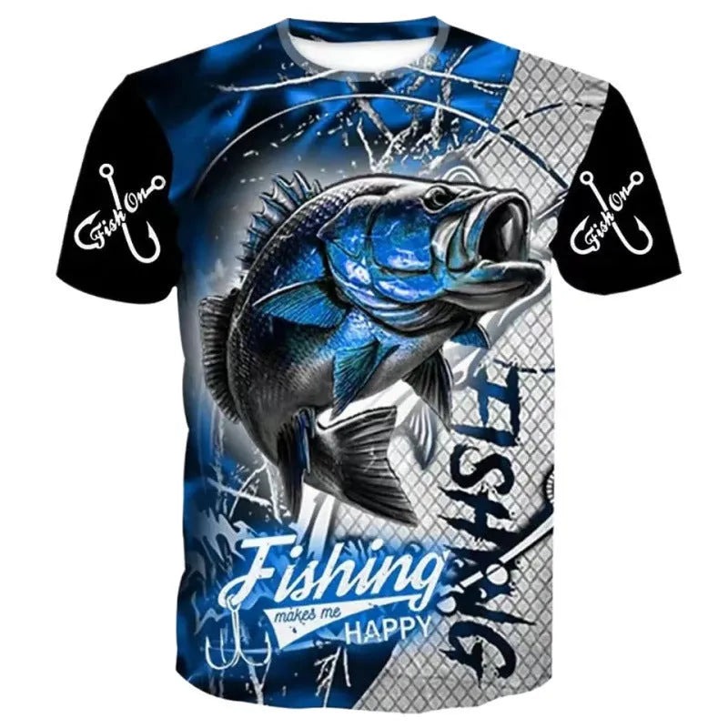 Men's fishing pattern printed short sleeve casual top in polyester fabric with loose fit
