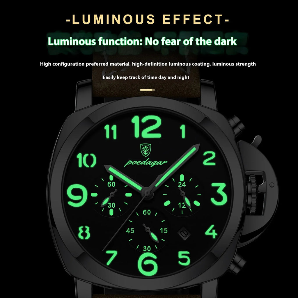 Men's casual sports watch with round alloy case, real leather strap, and mineral glass mirror on wrist