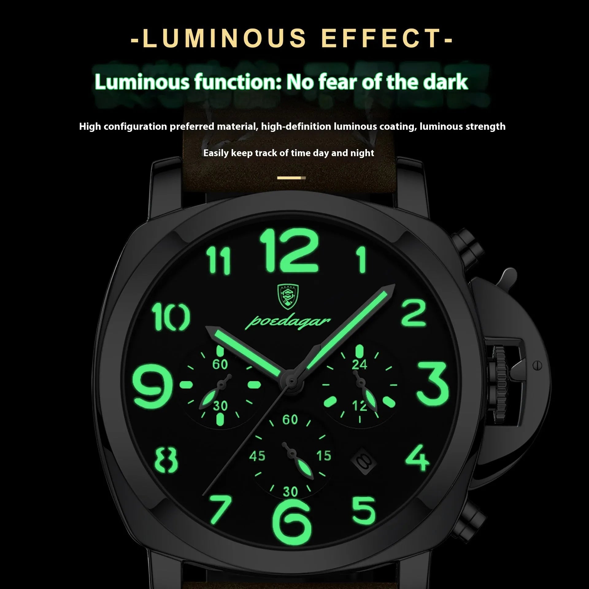 Men's casual sports watch with round alloy case, real leather strap, and mineral glass mirror on wrist