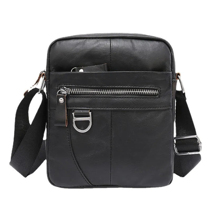 Black genuine leather crossbody messenger bag for boys with sewing line detail showing 8 inch size