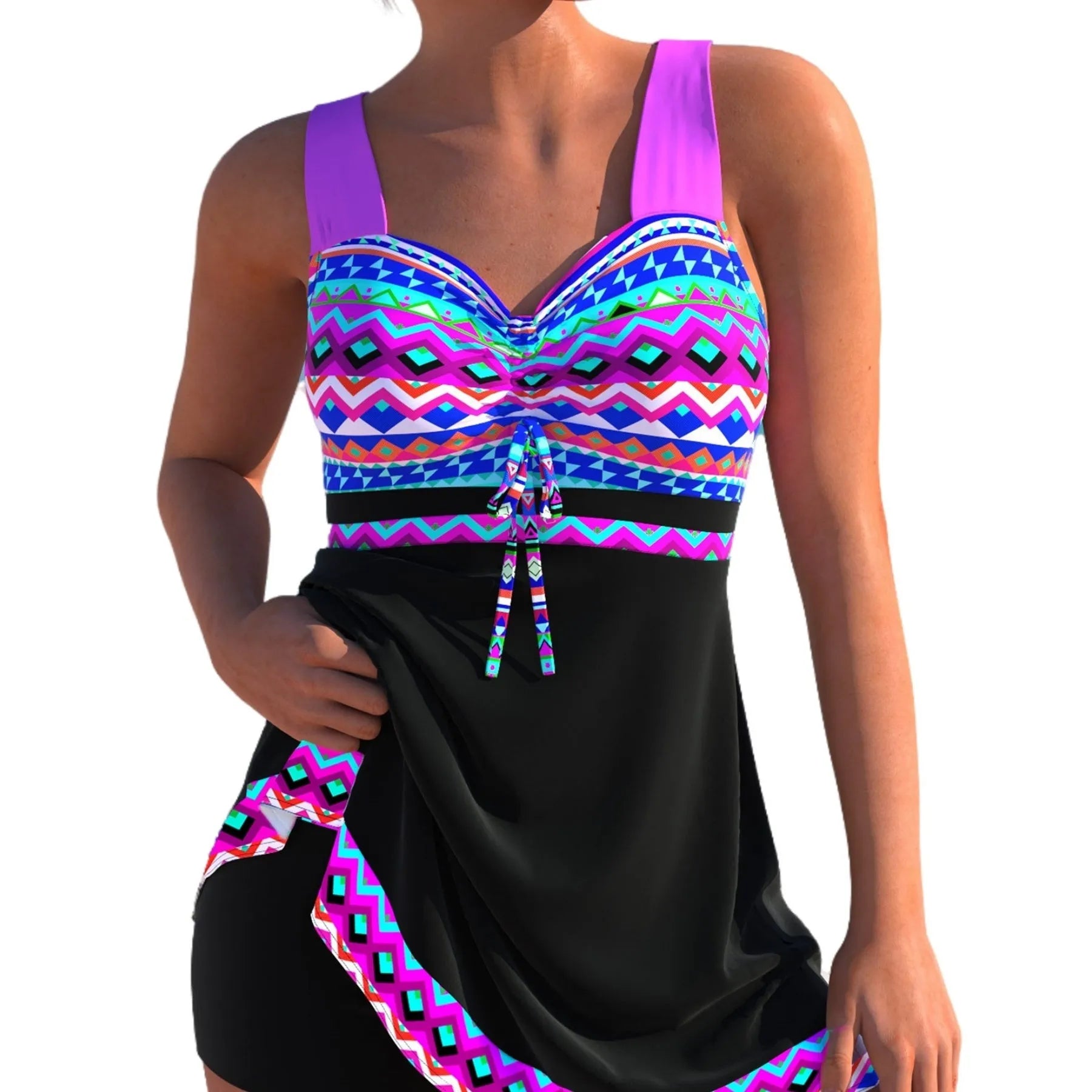 Plus size woman modelling a purple split skirt bikini swimsuit with a sleeveless top.