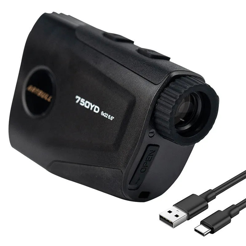 Golf laser rangefinder with 750 yard range showing LCD display with distance measurement