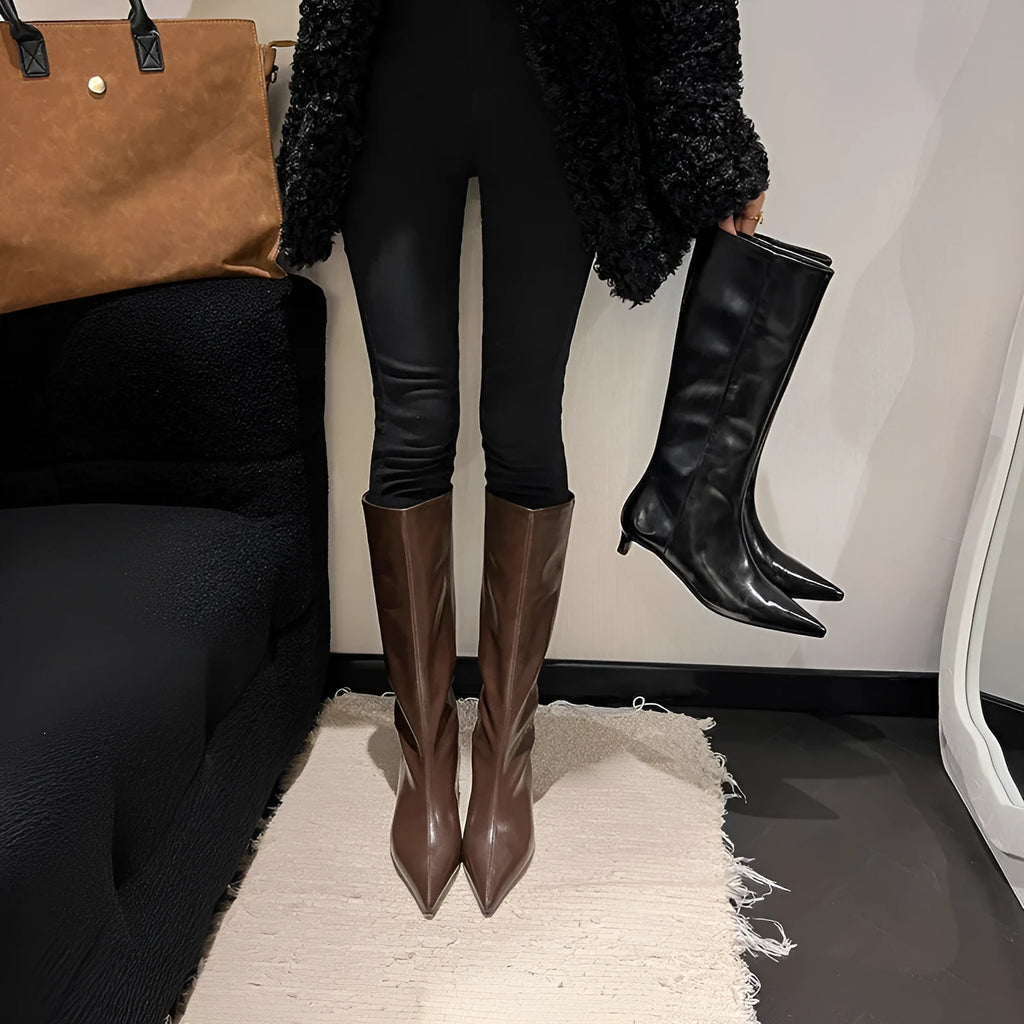 Brown elastic commuter pointed high heel boots with cowhide upper and 3-5cm mid stiletto heel