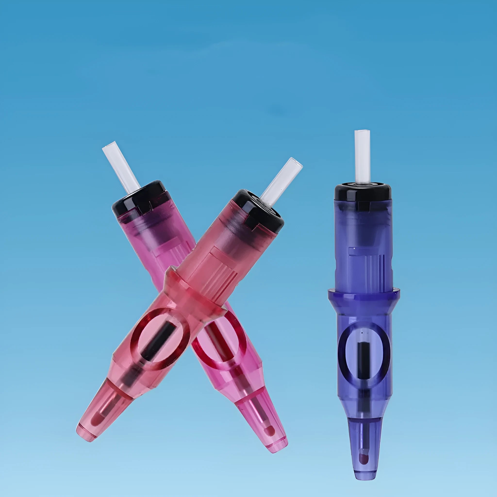 Tattoo pen tool with integrated needle point and ballpoint, shown in multiple colour options.