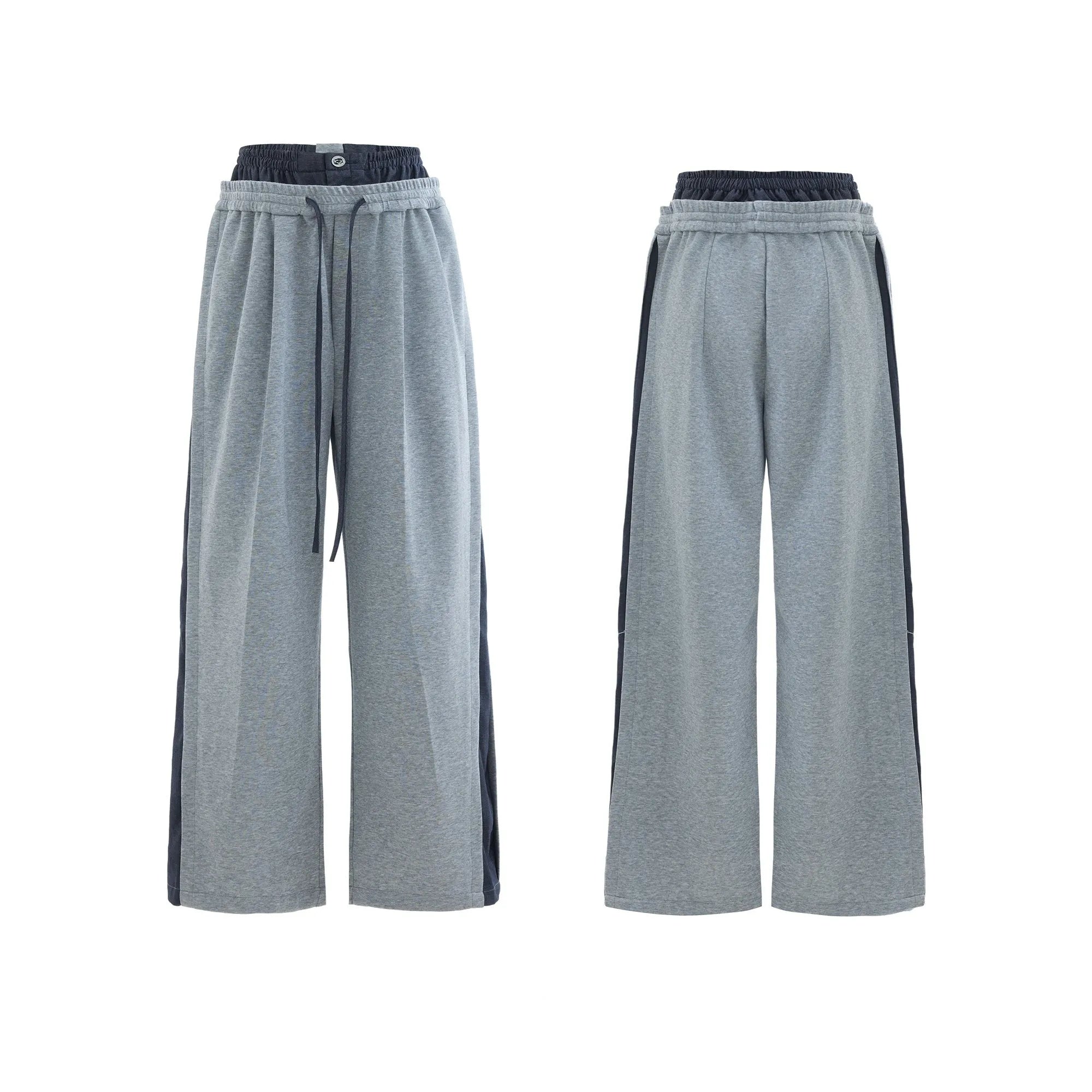 Heavy industry sports leisure suit set showing hooded polyester sweatshirt with three-dimensional stitching and matching trousers