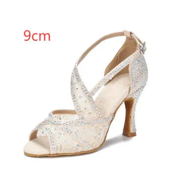 Women's diamond-embroidered Latin dance shoes with mesh upper, black heel 7.5cm, sizes 34-43