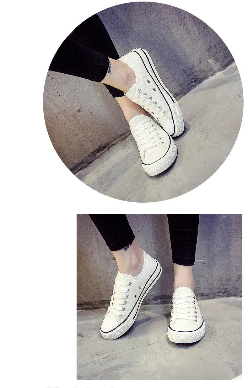 Women's solid colour canvas casual shoes in multiple colour options on a white background.