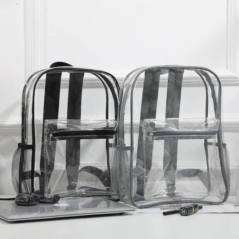 Transparent PVC backpack in multiple colours showing contents visible through clear material