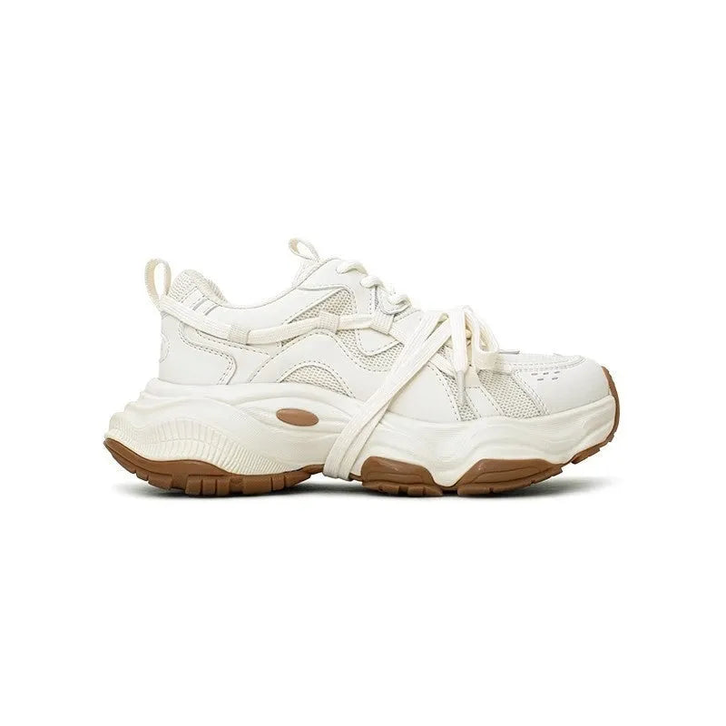 Women's milky white platform running sneakers with round toe and lace-up front
