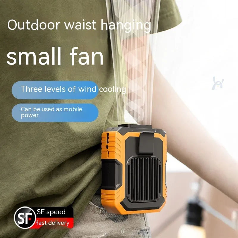 Green wrist-mounted personal fan with integrated USB power bank and light, showing adjustable silicone strap.