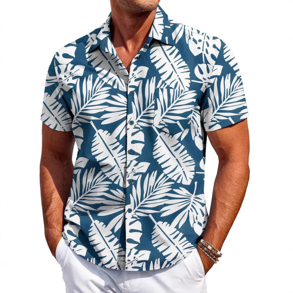 Man wearing a slim fit Hawaiian pattern short sleeve shirt in a cardigan style.