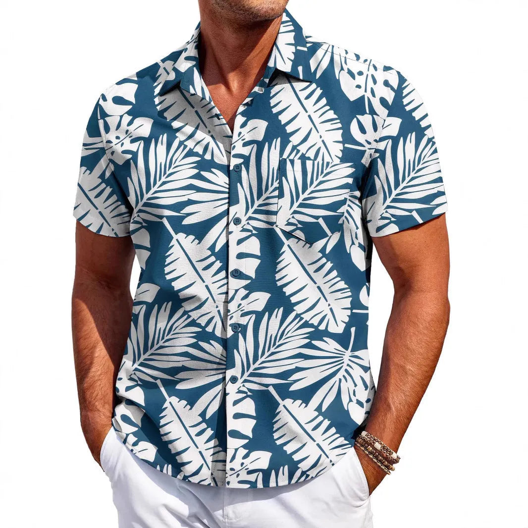 Man wearing a slim fit Hawaiian pattern short sleeve shirt in a cardigan style.