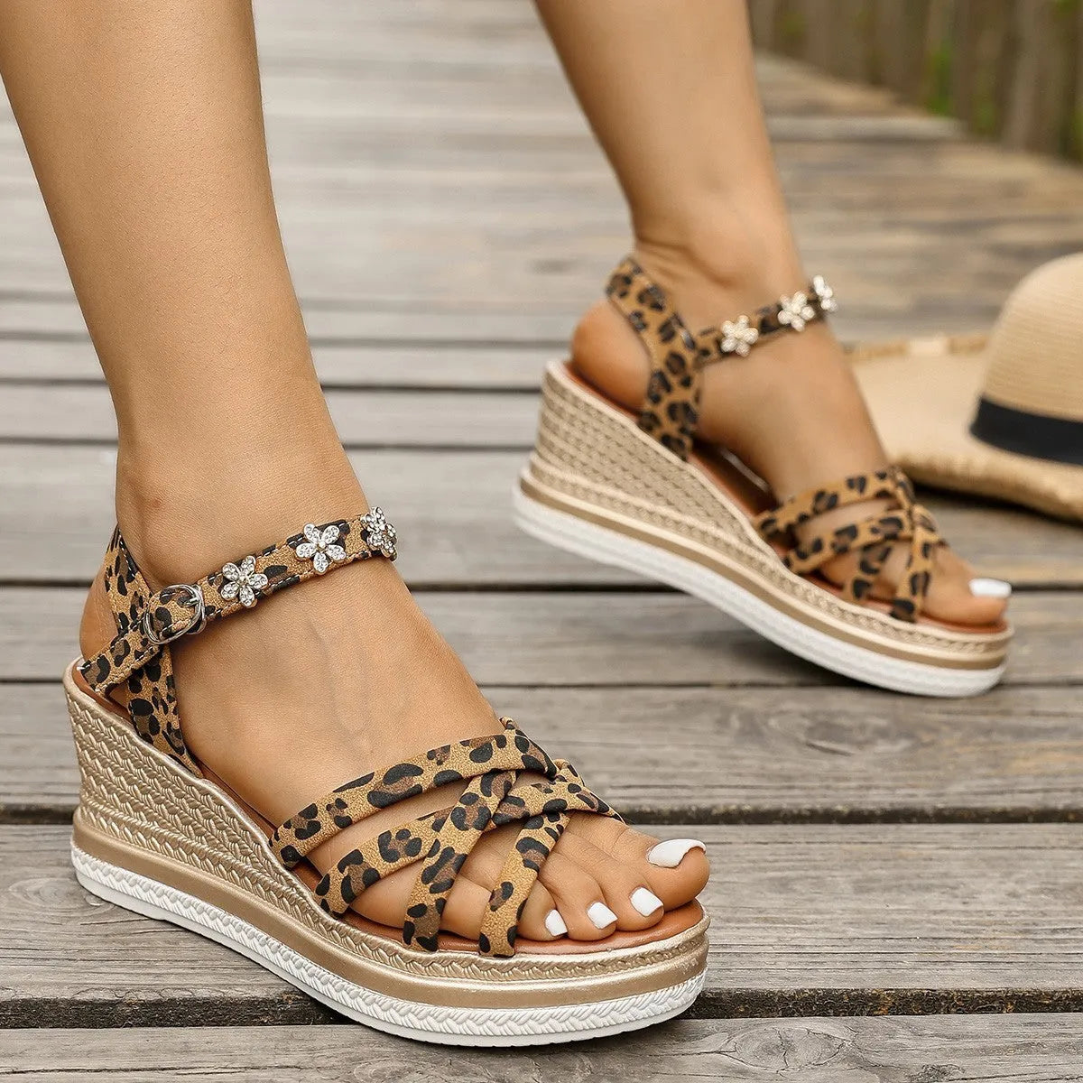 Light brown suede women's platform sandals with ankle buckle and open toe Roman style design